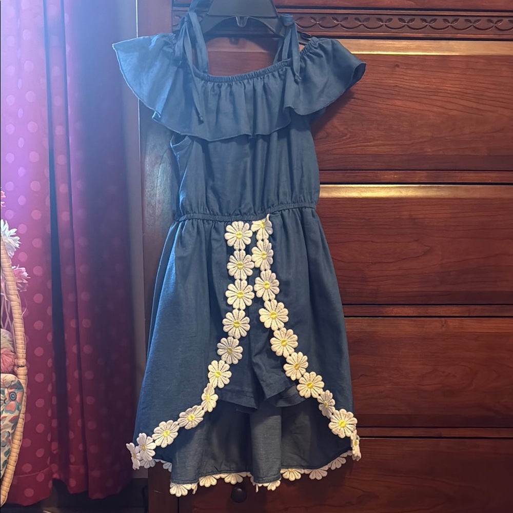 Chic Blue Dress with White Floral Trim